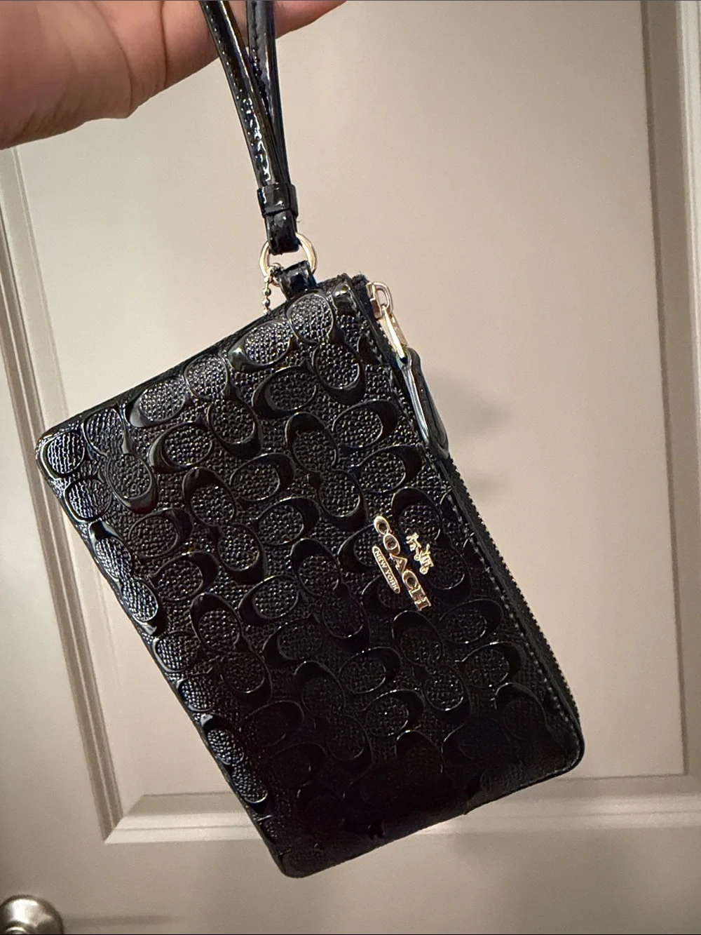 Coach Black Patent Embossed Signature Wristlet